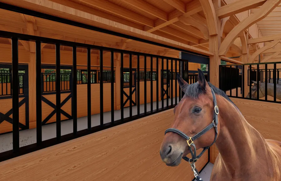 Heavenly Horse Barndominium (Options: 74' L x 63' W). Image shown is a scaled rendering. (interior view with ladders).