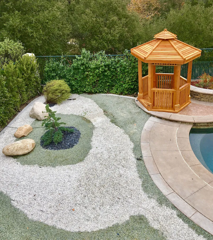 Hexagonal Retreat Pavilion (Options: Custom 7.5' Diameter, Add a Deck, Douglas-fir, 7' H Posts, 6-Post Anchor Kit for Concrete, With Upper and Lower Panels, Transparent Premium Sealant). Photo Courtesy of P. Redmond of Coto De Caza, CA. 