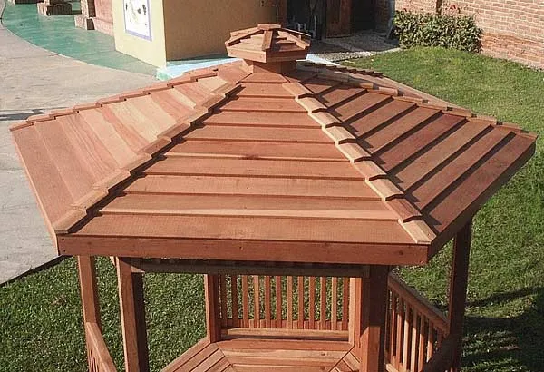 Aerial View: Hexagonal Retreat Pavilion (Options: 8' Diameter, Deck, Mature Redwood, With Upper and Lower Panels, Transparent Premium Sealant).