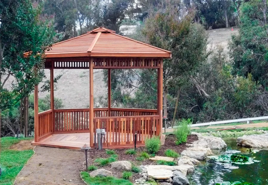 Hexagonal Retreat Pavilion (Options: 14' Diameter, Add a Deck, California Redwood, With Upper and Lower Panels, Transparent Premium Sealant).