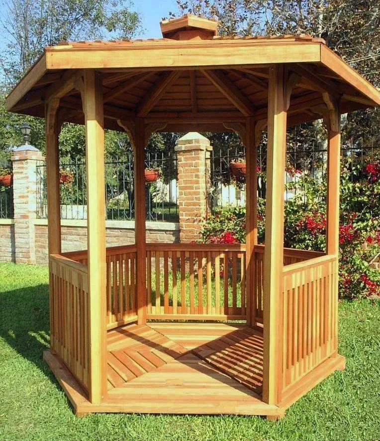 Hexagonal Retreat Pavilion (Options: 8' Diameter, Add a Deck, California Redwood, With Upper Corvels and Lower Panels, Transparent Premium Sealant).