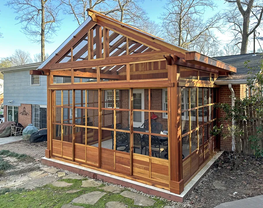 Custom Illuminati Pavilion (Options: 13’-4’’ L x 18’-6’’ W, California Redwood, Enclosed by Custom Request, 11’ Post Height, Standard Post Anchor Kit, 1 Ceiling Fan base, Wooden Cover for Gutter, Transparent Premium Sealant). Photo Courtesy of P. Morris of Seven Corners, VA.