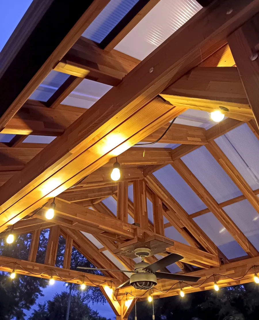Illuminati Pavilion (Options: 15' L, 12' W, Mosaic Redwood, Unattached, Electrical Wiring Trim for 1 Post, 4-Post Anchor Kit for High-Wind, 1 Ceiling Fan Base, No Privacy Panels, No Curtain Rods, 9.5' Post Height, with Fascia Boards, Transparent Premium Sealant). Photo Courtesy of R. Pittenger of Troy, OH.