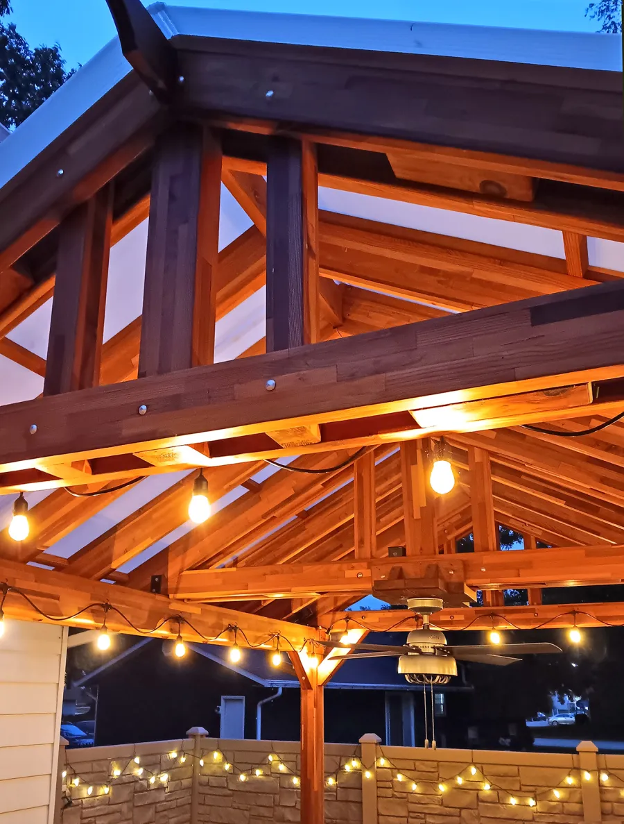 Illuminati Pavilion (Options: 15' L, 12' W, Mosaic Redwood, Unattached, Electrical Wiring Trim for 1 Post, 4-Post Anchor Kit for High-Wind, 1 Ceiling Fan Base, No Privacy Panels, No Curtain Rods, 9.5' Post Height, with Fascia Boards, Transparent Premium Sealant). Photo Courtesy of R. Pittenger of Troy, OH.