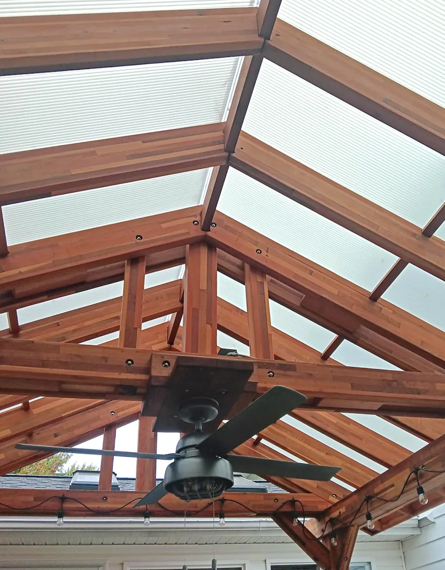 Illuminati Pavilion (Options: 15' L, 12' W, Mosaic Redwood, Unattached, Electrical Wiring Trim for 1 Post, 4-Post Anchor Kit for High-Wind, 1 Ceiling Fan Base, No Privacy Panels, No Curtain Rods, 9.5' Post Height, with Fascia Boards, Transparent Premium Sealant). Photo Courtesy of R. Pittenger of Troy, OH.