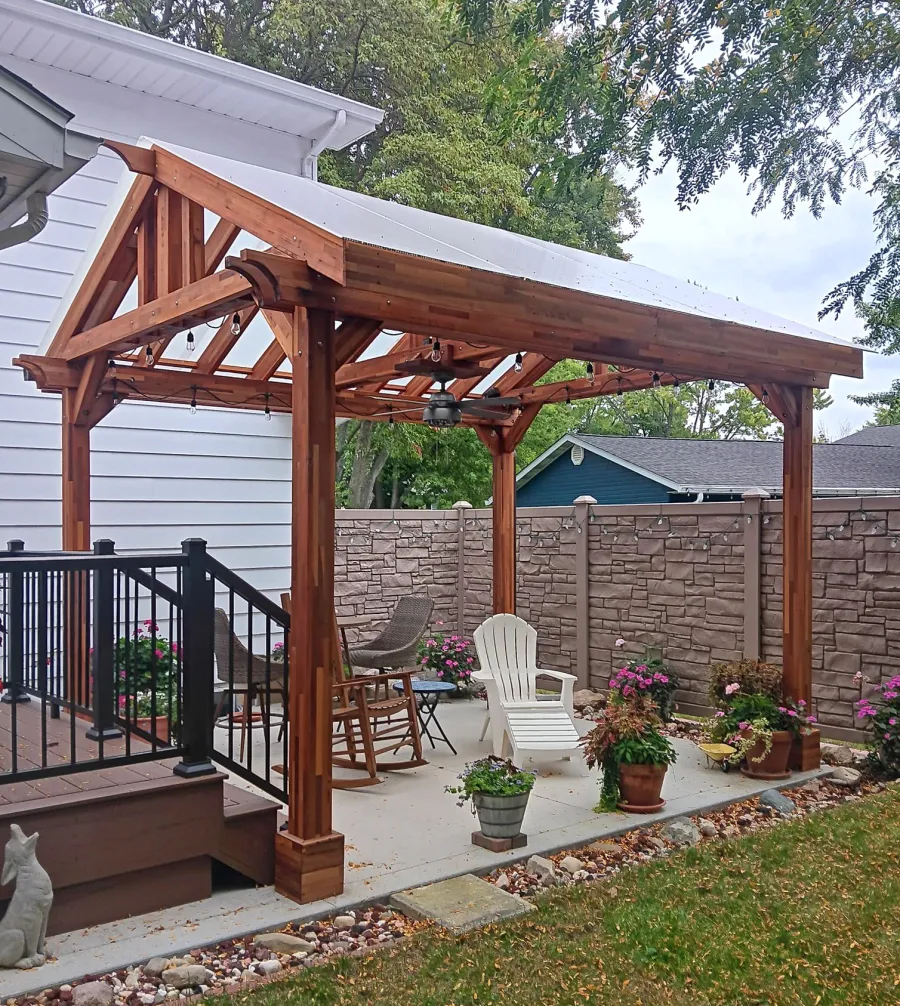 Illuminati Pavilion (Options: 15' L, 12' W, Mosaic Redwood, Unattached, Electrical Wiring Trim for 1 Post, 4-Post Anchor Kit for High-Wind, 1 Ceiling Fan Base, No Privacy Panels, No Curtain Rods, 9.5' Post Height, with Fascia Boards, Transparent Premium Sealant). Photo Courtesy of R. Pittenger of Troy, OH.