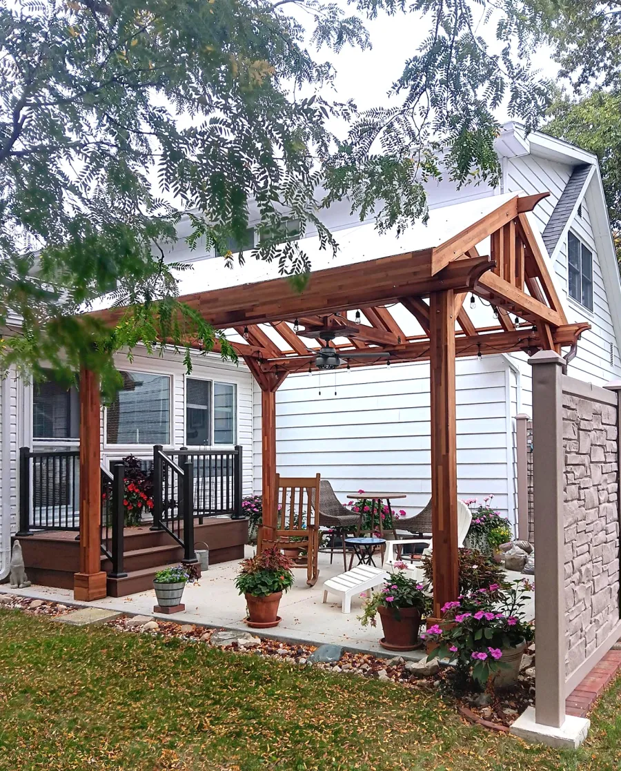 Illuminati Pavilion (Options: 15' L, 12' W, Mosaic Redwood, Unattached, Electrical Wiring Trim for 1 Post, 4-Post Anchor Kit for High-Wind, 1 Ceiling Fan Base, No Privacy Panels, No Curtain Rods, 9.5' Post Height, with Fascia Boards, Transparent Premium Sealant). Photo Courtesy of R. Pittenger of Troy, OH.