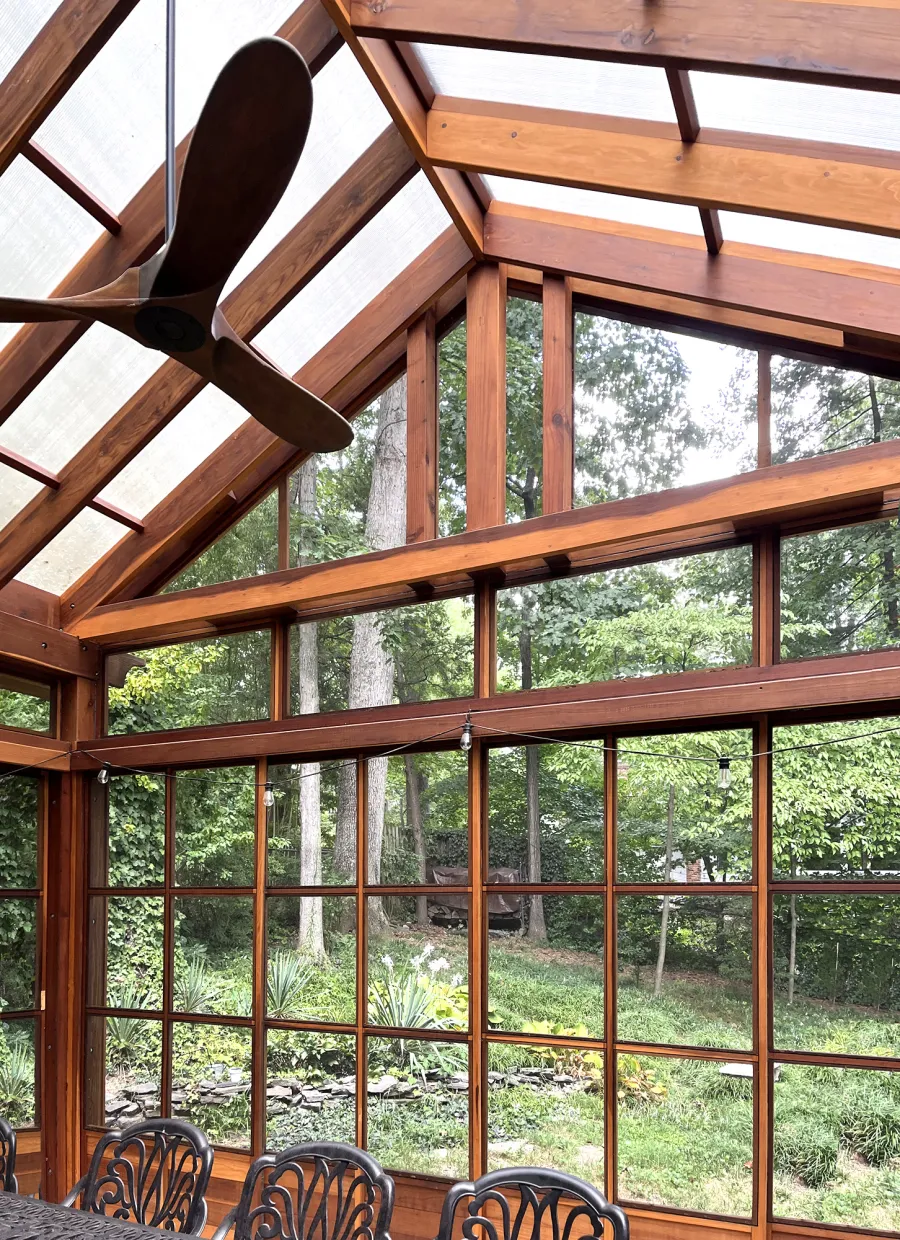 Custom Illuminati Pavilion (Options: 13’-4’’ L x 18’-6’’ W, California Redwood, Enclosed by Custom Request, 11’ Post Height, Standard Post Anchor Kit, 1 Ceiling Fan base, Wooden Cover for Gutter, Transparent Premium Sealant). Photo Courtesy of P. Morris of Seven Corners, VA.