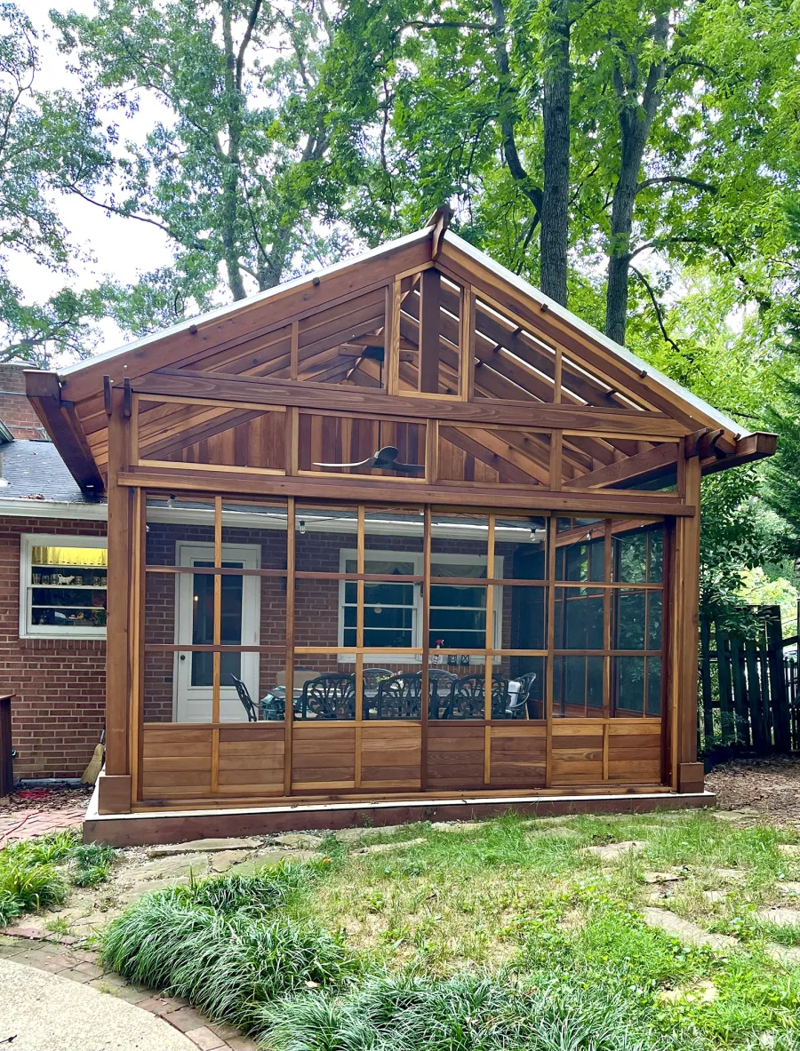 Custom Illuminati Pavilion (Options: 13’-4’’ L x 18’-6’’ W, California Redwood, Enclosed by Custom Request, 11’ Post Height, Standard Post Anchor Kit, 1 Ceiling Fan base, Wooden Cover for Gutter, Transparent Premium Sealant). Photo Courtesy of P. Morris of Seven Corners, VA.