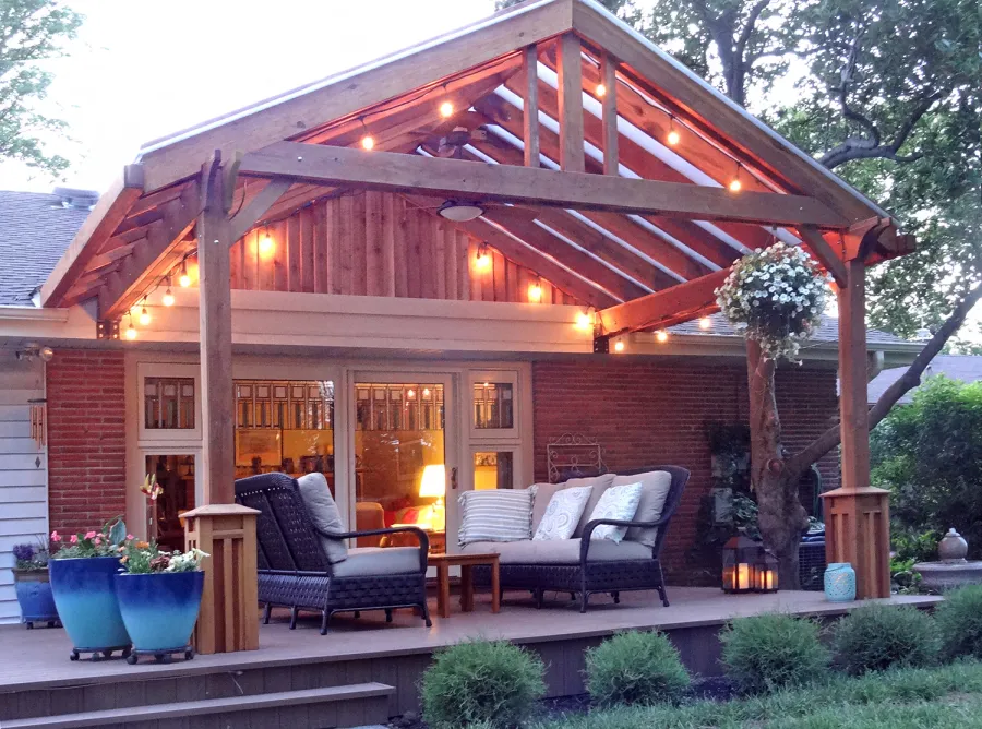 Illuminati Porch Pavilion (Options: 11'-6" L, 17' W, California Redwood, No Electrical Wiring Trim, 2-Post Anchor Kit for High-Wind, 1 Ceiling Fan Base, No Privacy Panels, No Curtain Rods, 9' Post Height, with Custom Boxes at the Bottom of the Posts, Transparent Premium Sealant). Customer requested transparent polycarbonate panels for roof. Yes, we can custom make your pavilion with any custom detail you like... Courtesy of Andy Goodrich of Mt. Prospect, IL.