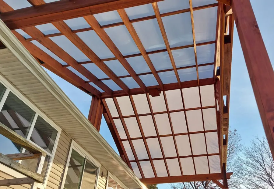 Custom Illuminati Porch Pavilion (Options: 30' L, 14' W, California Redwood, No Electrical Wiring Trim, 2-Post Anchor Kit for High-Wind, 1 Ceiling Fan Base, No Privacy Panels, No Curtain Rods, 16' Post Height by Custom Request, Transparent Premium Sealant).