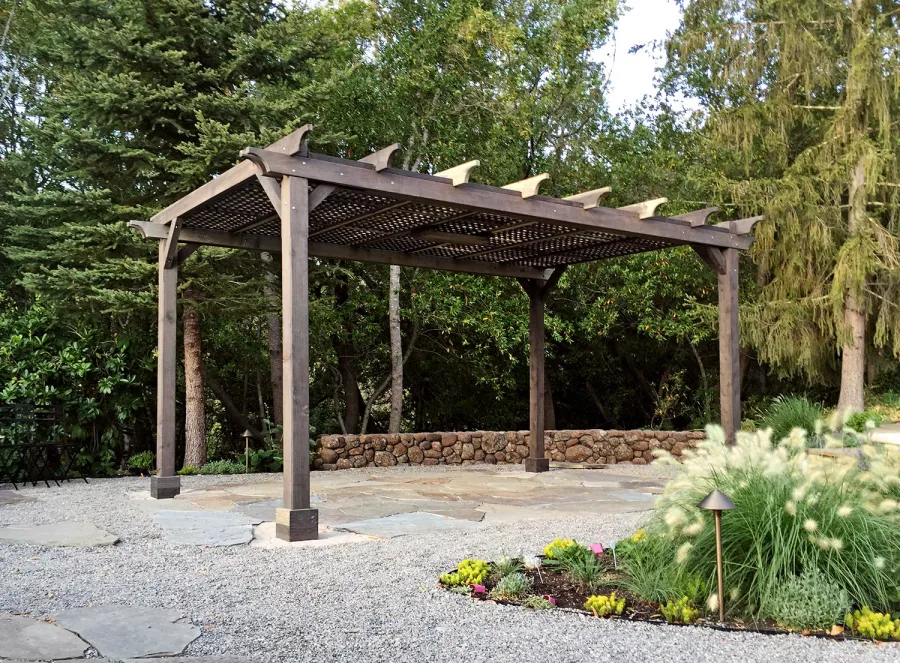 Lattice Pergola Kit (Options: 18' L x 12' W, California Redwood, No Electrical Wiring Trim, Lengthwise Roof Support Timbers, 4-Post Kit for Stone, Brick, or Concrete, 1 Ceiling Fan Base, No Privacy Panels, No Curtain Rods, 9' Post Height, Eco Wood Treatment). Photo Courtesy of B. Savard of San Rafael, California.