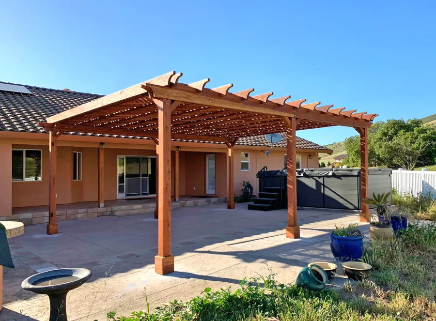 Lattice Pergola Kit (Options: 24' L x 20' W, California Redwood, No Electrical Wiring Trim, Lengthwise Roof Support Timbers, 6-Post Anchor Kit for Concrete, No ceiling Fan Base, No Privacy Panels, No Curtains Rods, 9.5' Post Height, Transparent Premium Sealant). Photo Courtesy of C. Lopez of Salinas, CA.