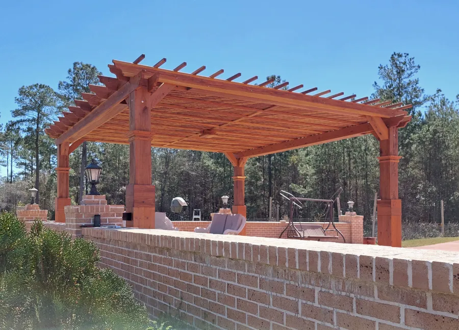 Custom Lattice Pergola Kit (Options: 20' L x 20' W, California Redwood, No Electrical Wiring Trim, Lengthwise Roof Support Timbers, 4-Post Anchor Kit for High-Wind, No ceiling Fan Base, No Privacy Panels, Horizontal Post Decorative Trims, 9.5' Post Height, Transparent Premium Sealant). 2x2 Slats Above Rafters and Extra Tall Boots Added by Custom Request.