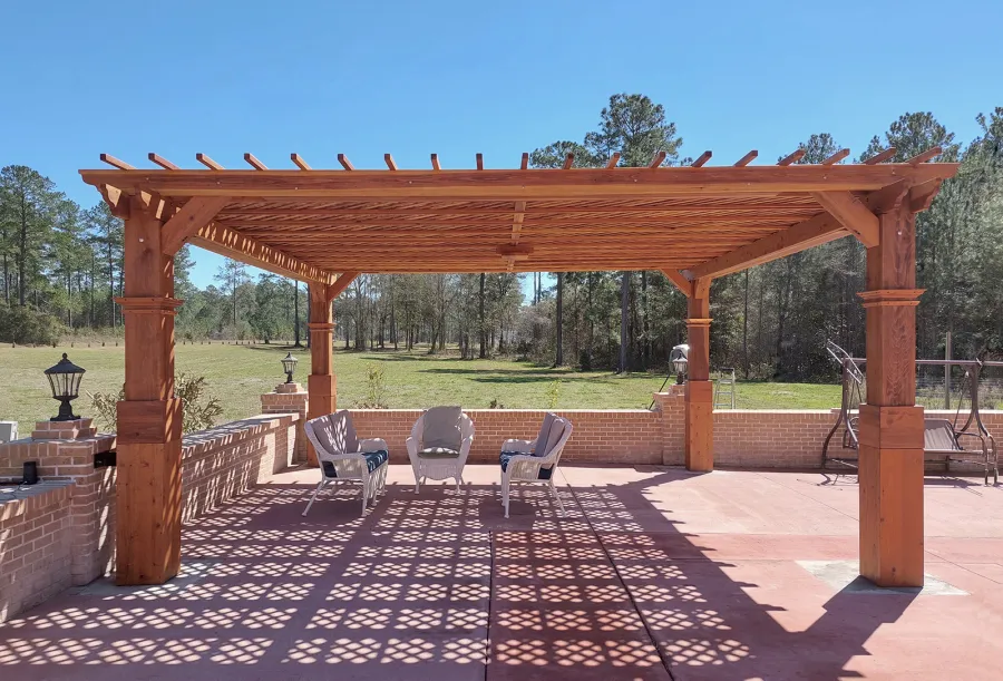 Custom Lattice Pergola Kit (Options: 20' L x 20' W, California Redwood, No Electrical Wiring Trim, Lengthwise Roof Support Timbers, 4-Post Anchor Kit for High-Wind, No ceiling Fan Base, No Privacy Panels, Horizontal Post Decorative Trims, 9.5' Post Height, Transparent Premium Sealant). 2x2 Slats Above Rafters and Extra Tall Boots Added by Custom Request.