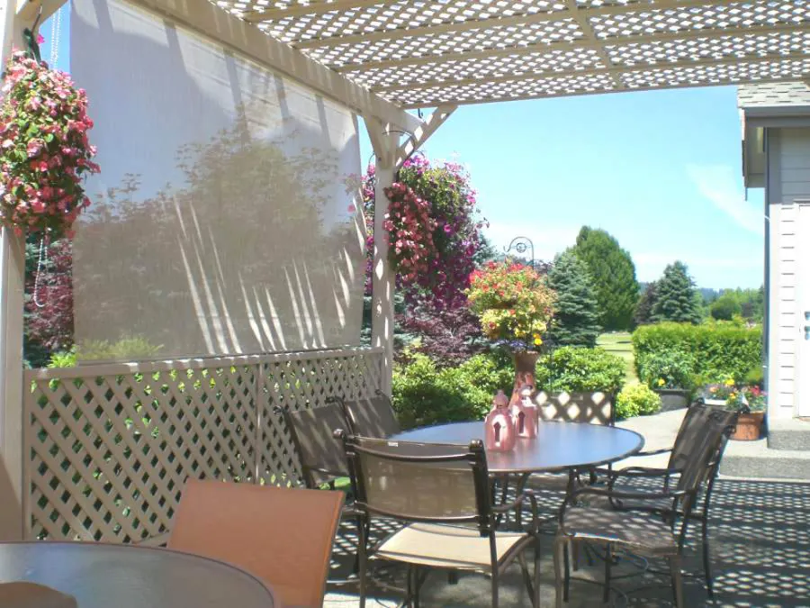 Lattice Pergola Kit (Options:14' x 16', Douglas-fir, No Electrical Wiring Trim, Lengthwise Roof Support, 4-Post Anchor Kit for Concrete, No Ceiling Fan Base, 1 Privacy Panel, No Curtain Rods, 9' Post Height, Off-White Oil-Based Primer). Custom sail clothe made with Sunbrella fabric. Custom request: no roof slats included.