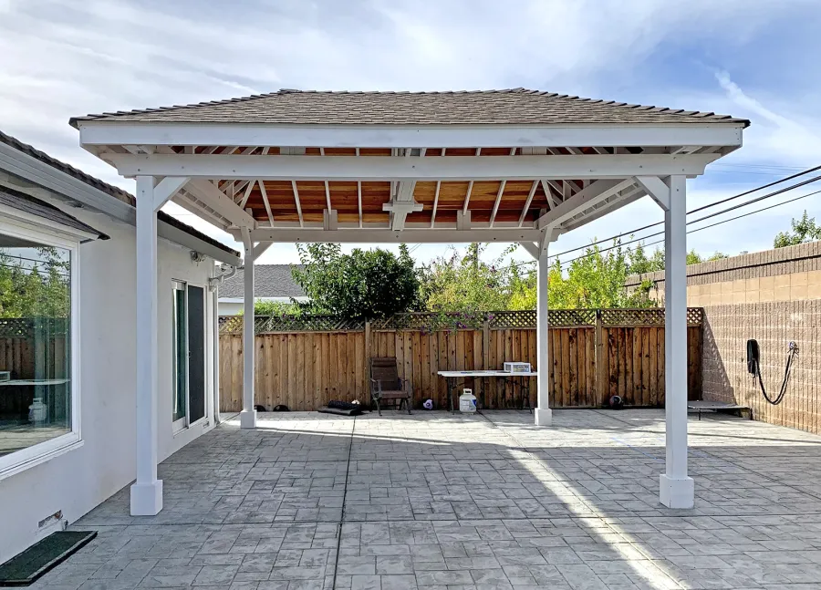 Custom Mia's Pavilion (Options: 18' L x 18' W, No Privacy Panels, California Redwood, 9.5' H, No Electrical Wiring Trim, 4-Post Anchor Kit for High-Wind, No Post Decorative Trim, No Ceiling Fan Base, Roof without Cupola by Custom Request, White Paint).