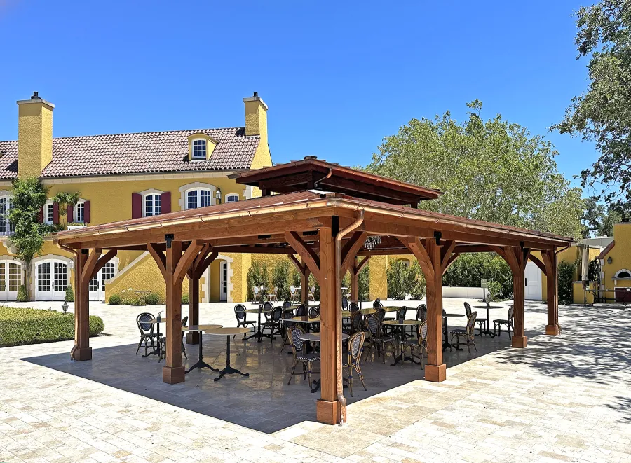 Custom Mia's Pavilion (Options: 35' x 25', Douglas-fir, Post Anchor Kit for High-Wind, 8x8 Posts, 8' H Posts, No Decorative Trims for Posts, with Ceiling Fan Bases, Custom Copper Roof and Gutters, Custom Finish). Photo Courtesy of Jordan Vineyard & Winery, 1474 Alexander Valley Rd, Healdsburg, CA.