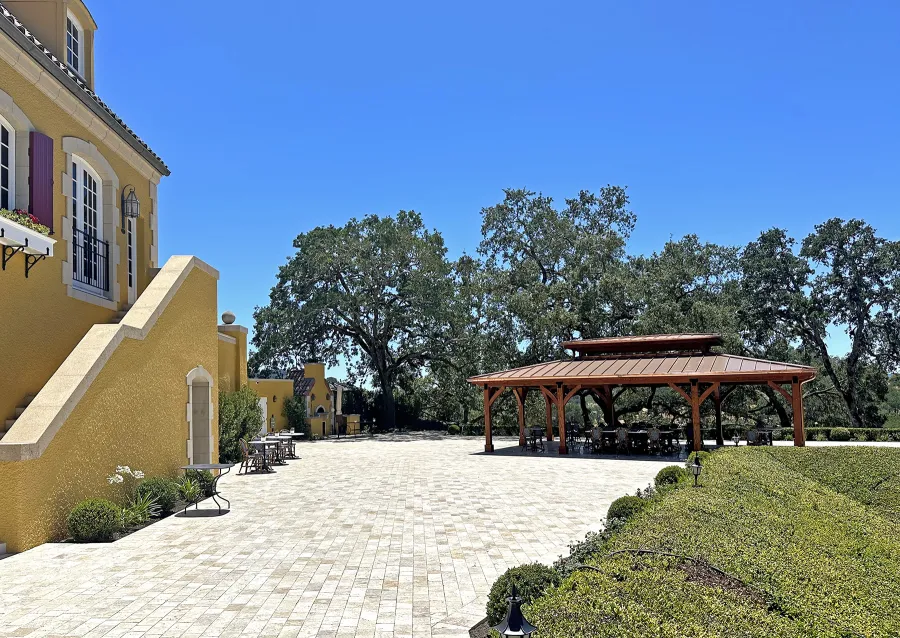 Custom Mia's Pavilion (Options: 35' x 25', Douglas-fir, Post Anchor Kit for High-Wind, 8x8 Posts, 8' H Posts, No Decorative Trims for Posts, with Ceiling Fan Bases, Custom Copper Roof and Gutters, Custom Finish). Photo Courtesy of Jordan Vineyard & Winery, 1474 Alexander Valley Rd, Healdsburg, CA.