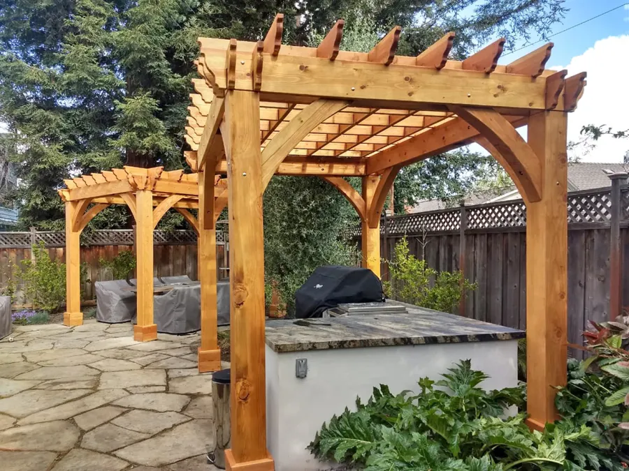 Montvale Pergolas (Options: 10' x 12' & 8 x 8, Douglas-fir, 4-Post Anchor Kit for Concrete, No Ceiling Fan Base, No Curtain Rods, No Privacy Panels, 9' Post, Transparent Premium Sealant). Photo Courtesy of T. Cohen of Palo Alto, CA.