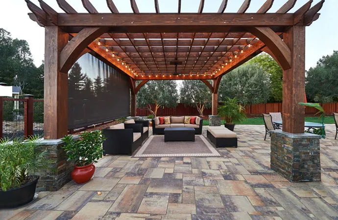Montvale Pergolas (Options: 18' x 18', California Redwood, 4-Post Anchor Kit for Concrete, Electrical Wiring Trim Kit for 2 Posts, 1 Ceiling Fan Base, No Curtain Rods, No Privacy Panels, 8" x 12" x 10' Post, Coffee-Stain Premium Sealant). Photo Courtesy of M. Butler of Napa, CA.