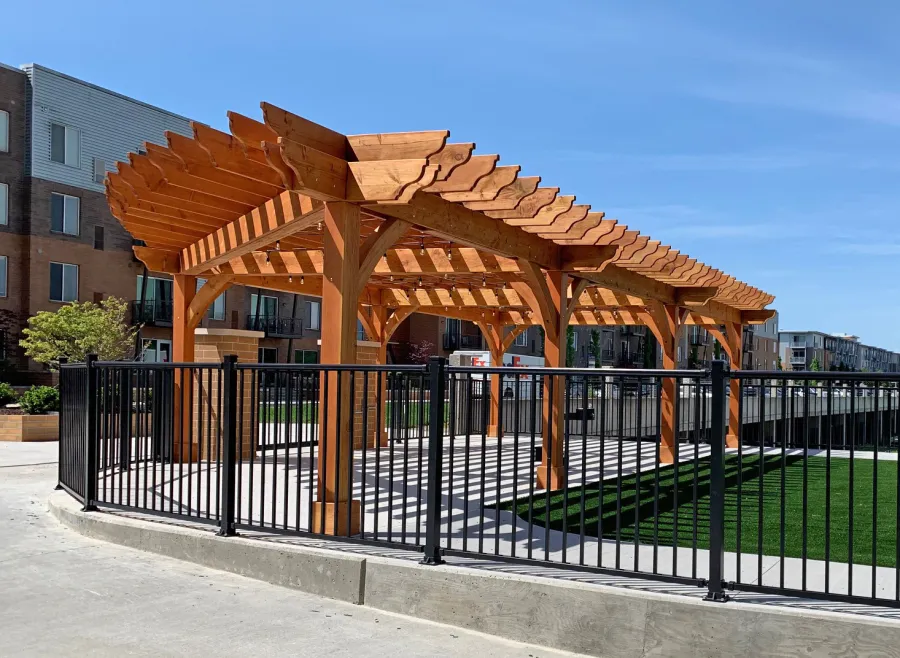 Custom Montvale Pergolas (Options: 42'-6" x 22'-6", Douglas-fir, 7-Post Anchor Kit for Concrete, 2 x 12 Rafters and Supports and 8 x 8 Post, Transparent Premium Sealant). Photo Courtesy of H. Hillebrand of Louisville, Kentucky.