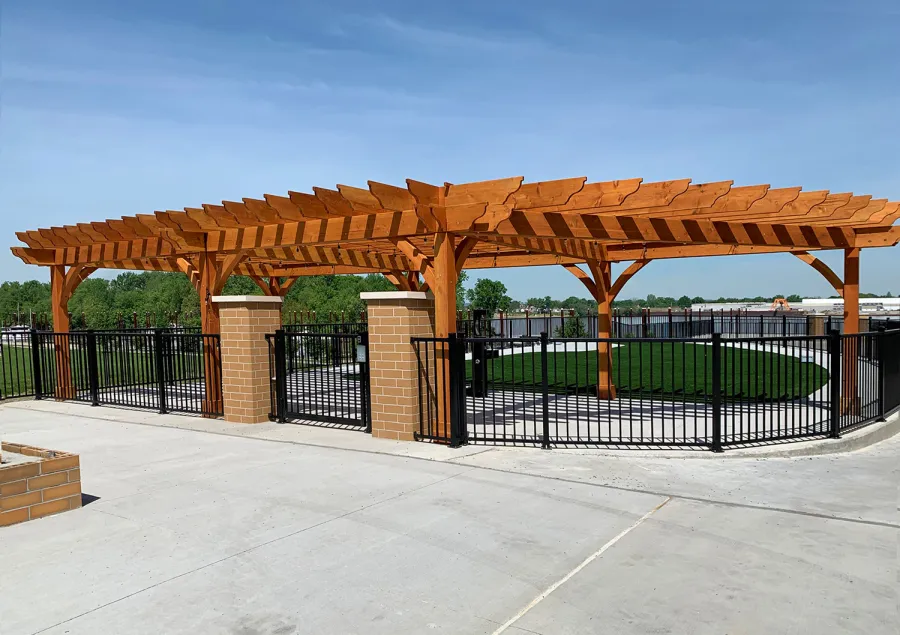 Custom Montvale Pergolas (Options: 42'-6" x 22'-6", Douglas-fir, 7-Post Anchor Kit for Concrete, 2 x 12 Rafters and Supports and 8 x 8 Post, Transparent Premium Sealant). Photo Courtesy of H. Hillebrand of Louisville, Kentucky.