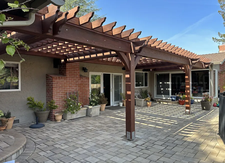 Montvale Pergolas (Options: 37' x 14', California Redwood, 8.5 ft H, No Ceiling Fan Base, No Post Decorative Trims, Post Anchor Kit for High-Wind, Coffee-Stain Premium Sealant). Photo Courtesy of F. Ahmed of Saratoga, NY.