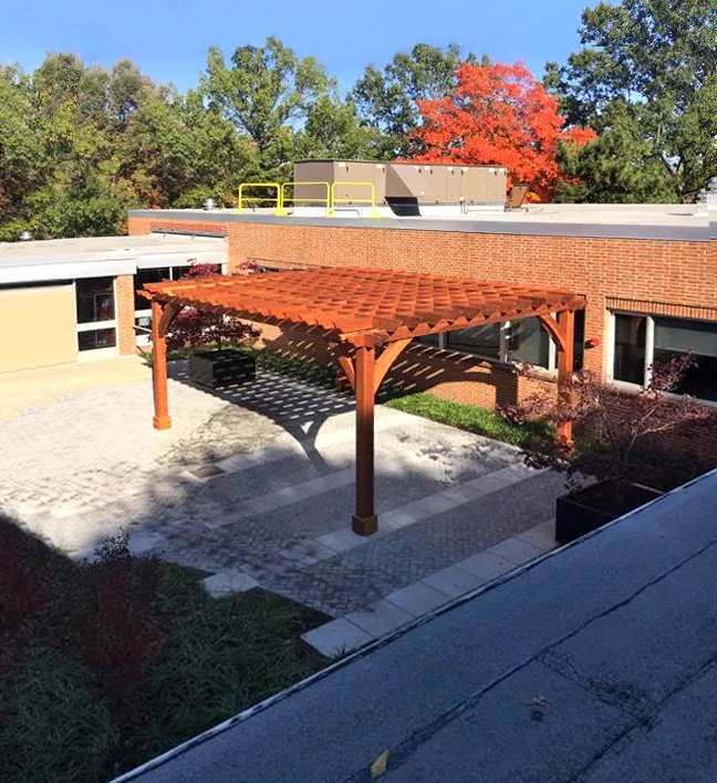 Montvale Pergolas (Options: 24' x 18', California Redwood, 4-Post Anchor Kit for High-Wind, Pergola with Only 4 Posts Instead of 6 by Custom Request, No Ceiling Fan Base, No Curtain Rods, No Privacy Panels, 10' Post, Transparent Premium Sealant). Photo Courtesy of J. Cipolla of New Brunswick, New Jersey.