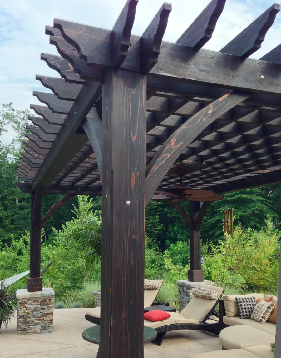 Montvale Pergolas (Options: 20' x 14', California Redwood, Electrical Wiring Trim for 1 Post, Rafters at 16", 4-Post Anchor Kit for Stone, Brick or Concrete, Ceiling Fan Base, No Privacy Panels, 8.5' Post, Coffee-Stain Premium Sealant). Photo courtesy of William H. of Montvale, NJ.