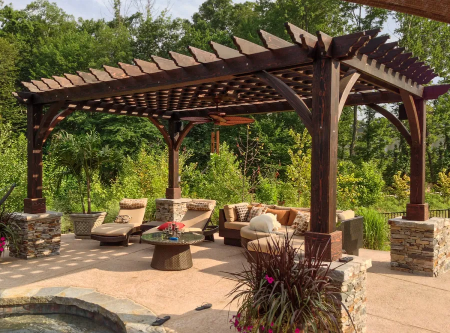 Montvale Pergolas (Options: 20' x 14', California Redwood, Electrical Wiring Trim for 1 Post, Rafters at 16", 4-Post Anchor Kit for Stone, Brick or Concrete, Ceiling Fan Base, No Privacy Panels, 8.5' Post, Coffee-Stain Premium Sealant). Photo courtesy of William H. of Montvale, NJ. 