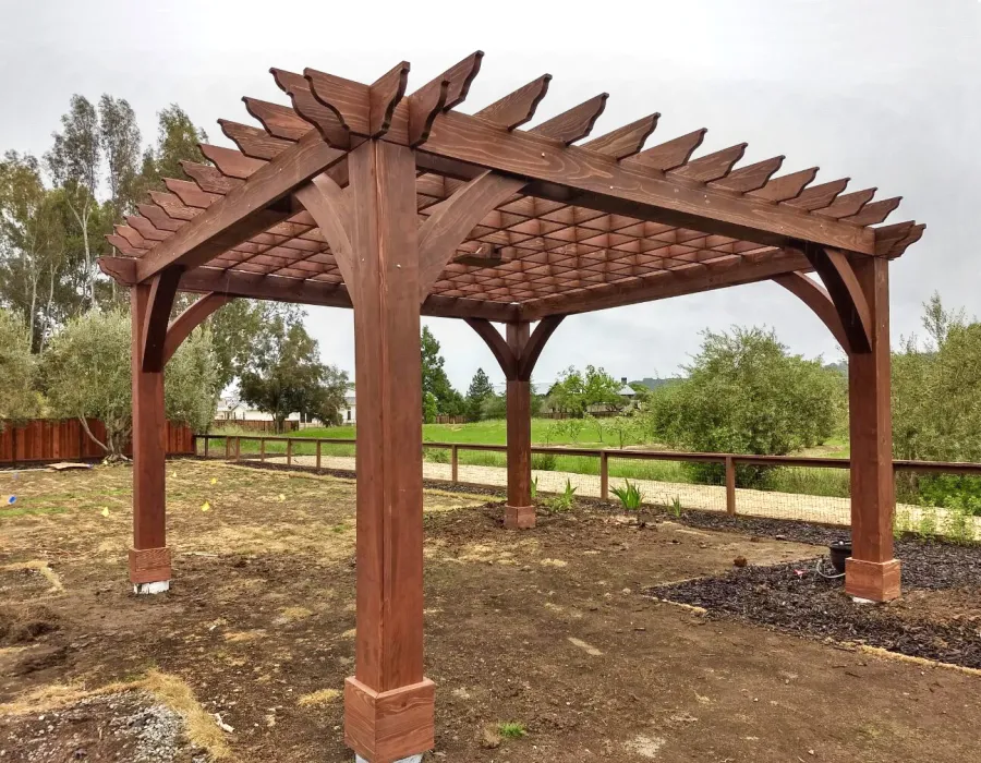 Montvale Pergolas (Options: 18' x 18', California Redwood, 4-Post Anchor Kit for High-Wind, 1 Ceiling Fan Base, No Curtain Rods, No Privacy Panels, 10' Post, Coffee-Stain Premium Sealant). Photo Courtesy of M. Butler of Napa, CA.