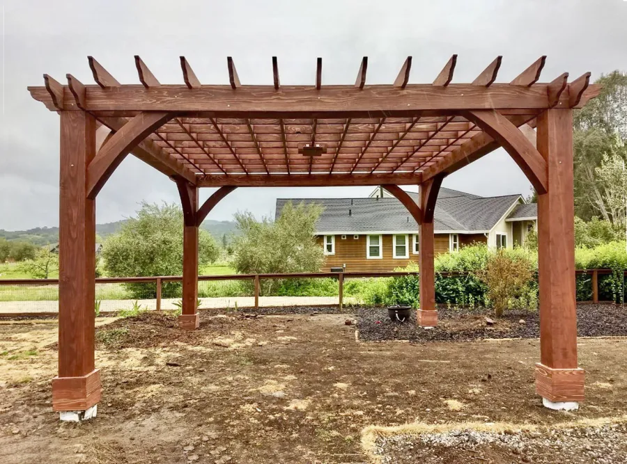 Montvale Pergolas (Options: 18' x 18', California Redwood, 4-Post Anchor Kit for High-Wind, 1 Ceiling Fan Base, No Curtain Rods, No Privacy Panels, 10' Post, Coffee-Stain Premium Sealant). Photo Courtesy of M. Butler of Napa, CA.