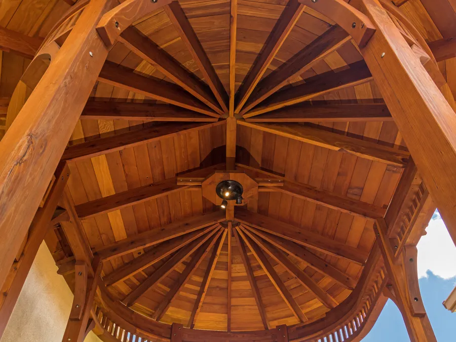 Palomar Round Pavilion (Options: 15' L x 10'-6" W, with Deck, California Redwood, With Upper Corvels and Lower Panels, Transparent Premium Sealant). Photo Courtesy of A. Singh of Dublin, California.