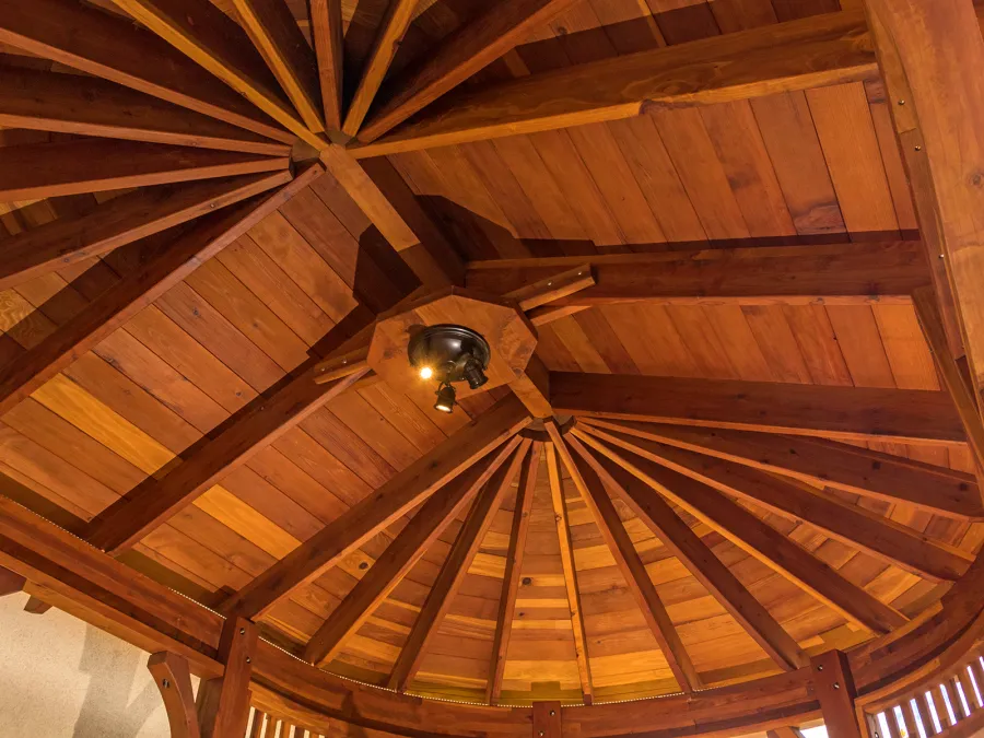 Palomar Round Pavilion (Options: 15' L x 10'-6" W, with Deck, California Redwood, With Upper Corvels and Lower Panels, Transparent Premium Sealant). Photo Courtesy of A. Singh of Dublin, California.