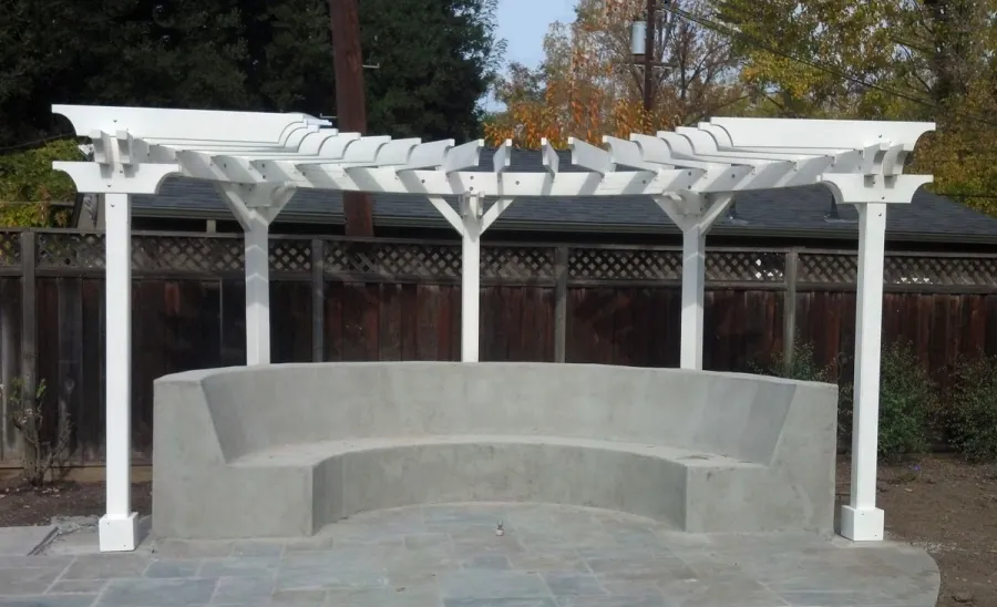 Sky Arbor (Options: 10ft L, 4ft W, Without Slats by Custom Request, No Privacy Panels, Douglas-Fir, No Electrical Wiring Trim Kit, 5-Post Anchor Kit for Concrete, Off-White Oil-Based Primer). 