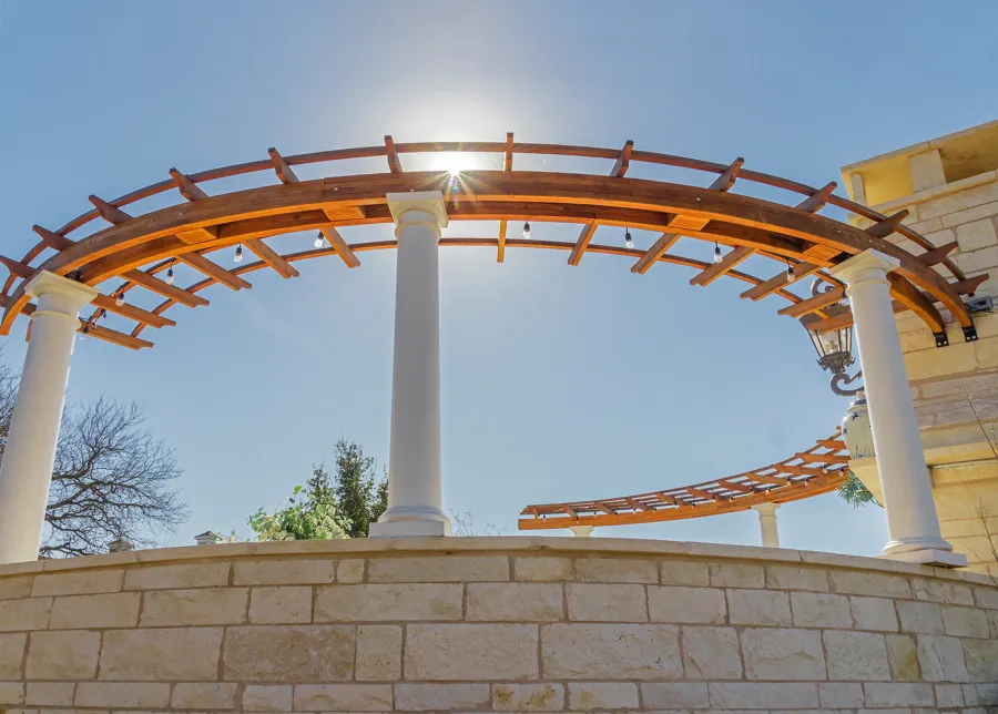Sky Arbor (Options: 8ft L, 3ft W , No Privacy Panels, Douglas-Fir, No Electrical Wiring Trim Kit, 3-Post Anchor Kit for Concrete, Transparent Premium Sealant). Photo shows 2 structures, same dimensions.