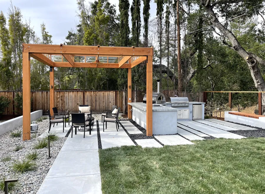 Sun Pergola (Options: 10' L x 10' W, With Rainguard, No Privacy Panel, Douglas Fir, No Curtain Rods, 1 Ceiling Fan Base, 10.5 ft Posts Height, Electrical Wiring Trim Kit for 4 Posts, Post Anchor Kit for High-Wind, Transparent Premium Sealant).
