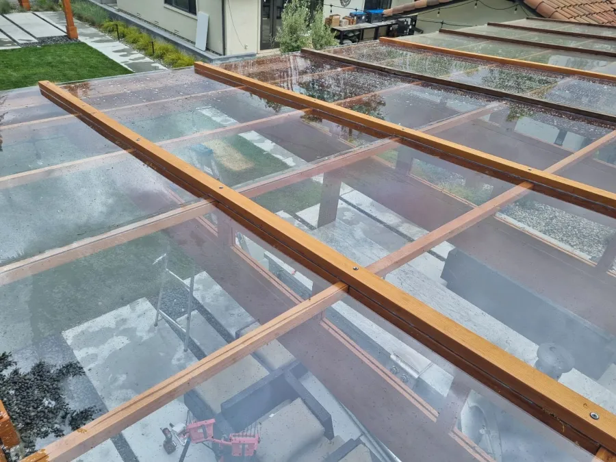 Sun Pergola (Options: 28' L x 15' W, With Rainguard, No Privacy Panel, Douglas Fir, No Curtain Rods, 1 Ceiling Fan Base, No TV Mounts, No Accessory Bases, 10.5 ft Posts Height, Electrical Wiring Trim Kit for 4 Posts, 6-Post High-Wind Anchor Kit, Transparent Premium Sealant).