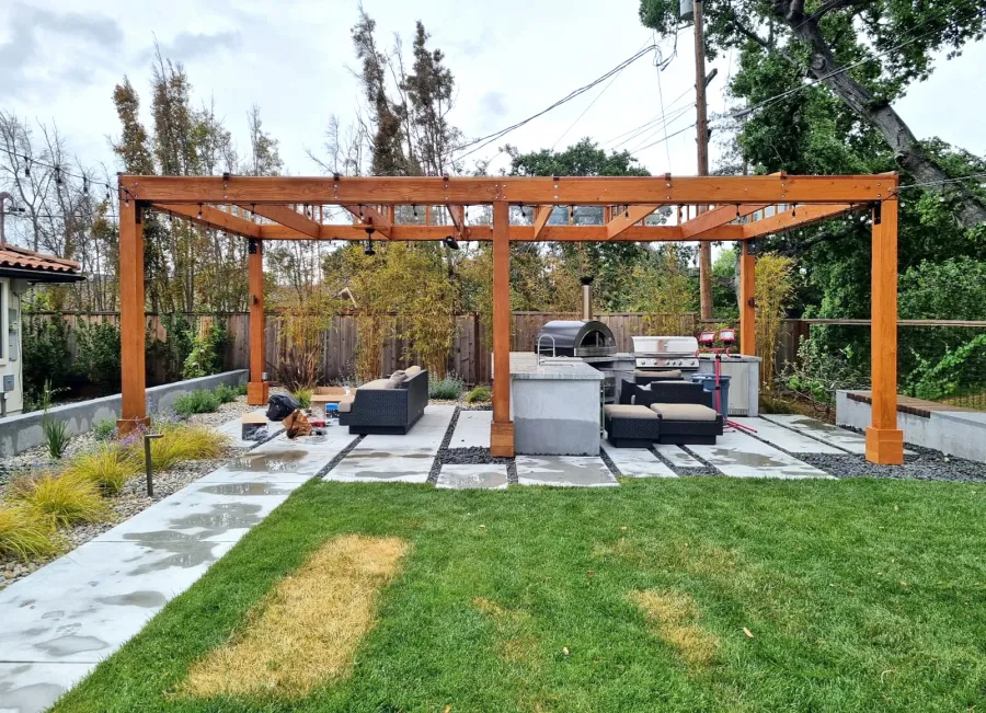 Sun Pergola (Options: 28' L x 15' W, With Rainguard, No Privacy Panel, Douglas Fir, No Curtain Rods, 1 Ceiling Fan Base, No TV Mounts, No Accessory Bases, 10.5 ft Posts Height, Electrical Wiring Trim Kit for 4 Posts, 6-Post High-Wind Anchor Kit, Transparent Premium Sealant).