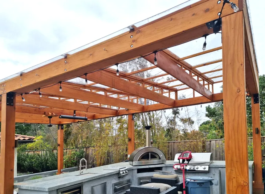 Sun Pergola (Options: 28' L x 15' W, With Rainguard, No Privacy Panel, Douglas Fir, No Curtain Rods, 1 Ceiling Fan Base, No TV Mounts, No Accessory Bases, 10.5 ft Posts Height, Electrical Wiring Trim Kit for 4 Posts, 6-Post High-Wind Anchor Kit, Transparent Premium Sealant).