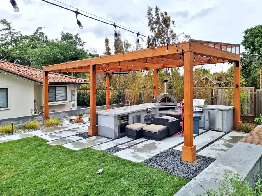 Sun Pergola (Options: 28' L x 15' W, With Rainguard, No Privacy Panel, Douglas Fir, No Curtain Rods, 1 Ceiling Fan Base, No TV Mounts, No Accessory Bases, 10.5 ft Posts Height, Electrical Wiring Trim Kit for 4 Posts, 6-Post High-Wind Anchor Kit, Transparent Premium Sealant).