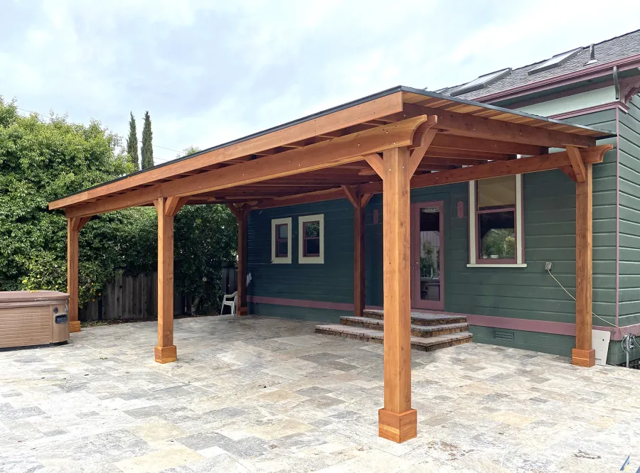 Sunset Patio Pavilion (Options: 35' x 18', California Redwood, 9ft H, 3 Electrical Wiring Trims, 6-Post Anchor Kit for High-Wind, No Post Decorative Trim, 4 Ceiling Fan Bases, No Curtain Rods, Transparent Premium Sealant). Photo Courtesy of L. Shelton of San Jose, California.