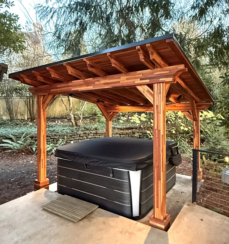 Sunset Patio Pavilion (Options: 11.5' x 11', No Privacy Panel, Mosaic Redwood, 8ft H, Parquet Roof Panels, 1 Electrical Wiring Trim, Post Anchor Kit for Concrete, No Post Decorative Trim, No Ceiling Fan Base, No Curtain Rods, Transparent Premium Sealant). Photo Courtesy of B. Dailey of Seattle, WA.