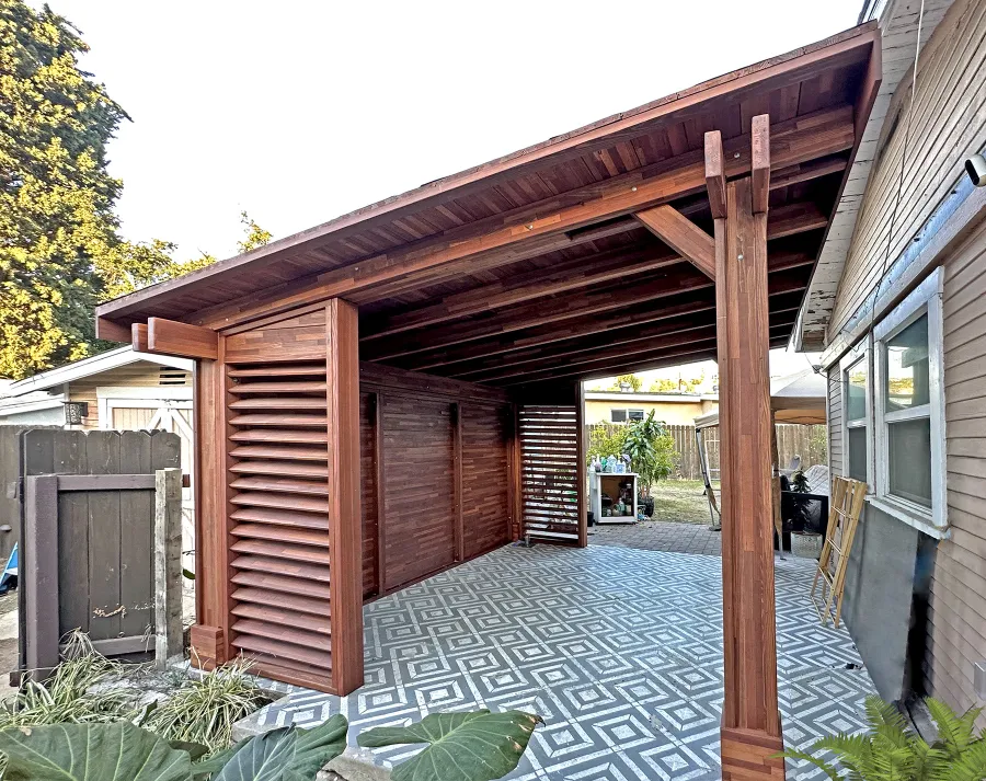 Sunset Patio Pavilion (Options: 14' x 12', Wall Privacy Panel Combination and Fixed Louvered Panels, Mosaic Redwood, 8ft H, Electrical Wiring Trim for 1 Post, 4-Post Anchor Kit for Concrete, Vertical Post Decorative Trims, No Ceiling Fan Base, Coffee-Stain Premium Sealant). Photo Courtesy of J. Ringer of Glendale, CA.