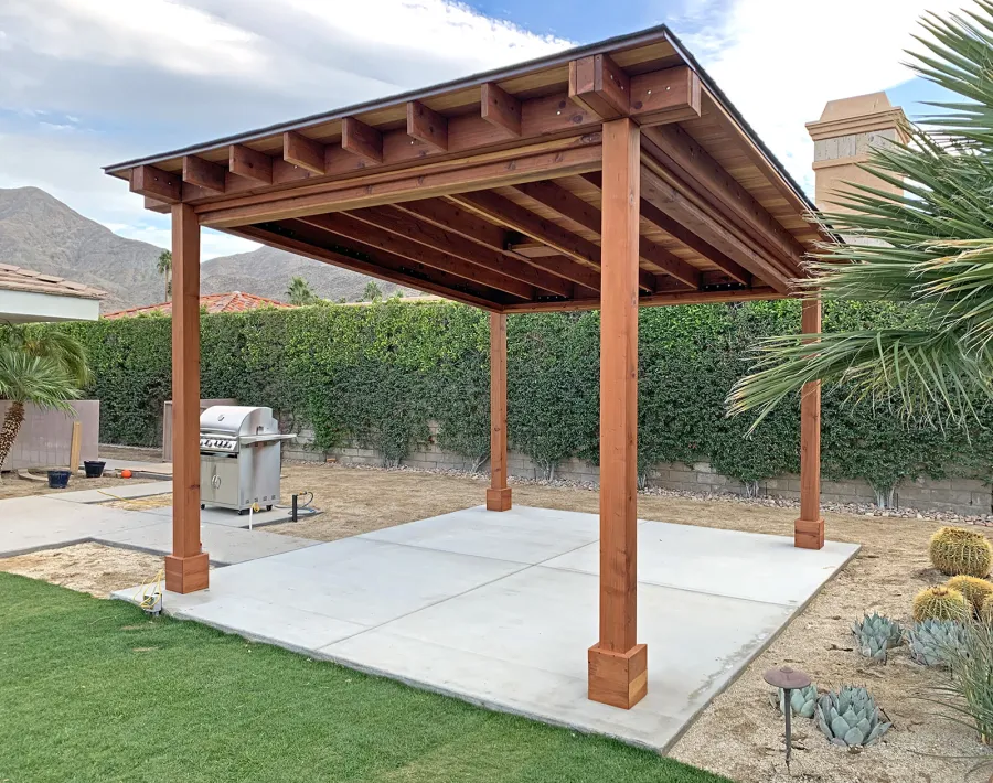 Sunset Patio Pavilion (Options: 14' x 16', No Privacy Panel, California Redwood, 9ft H, 2 Electrical Wiring Trims, 2-Post Anchor Kit for High-Wind, No Post Decorative Trim, 1 Ceiling Fan Base, No Curtain Rods, Transparent Premium Sealant). Supports and Rafters at Same Level by Custom Request.