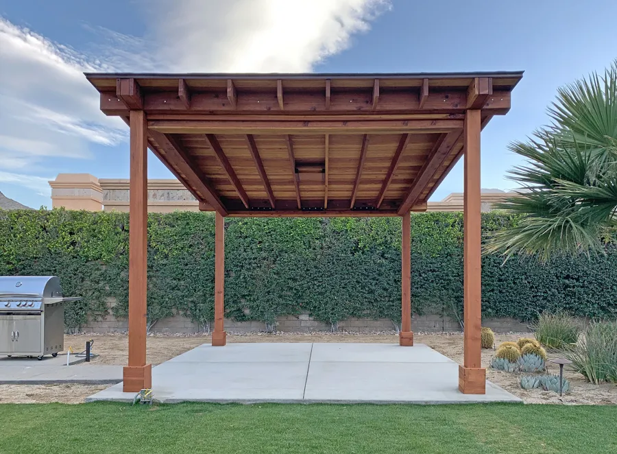 Sunset Patio Pavilion (Options: 14' x 16', No Privacy Panel, California Redwood, 9ft H, 2 Electrical Wiring Trims, 2-Post Anchor Kit for High-Wind, No Post Decorative Trim, 1 Ceiling Fan Base, No Curtain Rods, Transparent Premium Sealant). Supports and Rafters at Same Level by Custom Request.