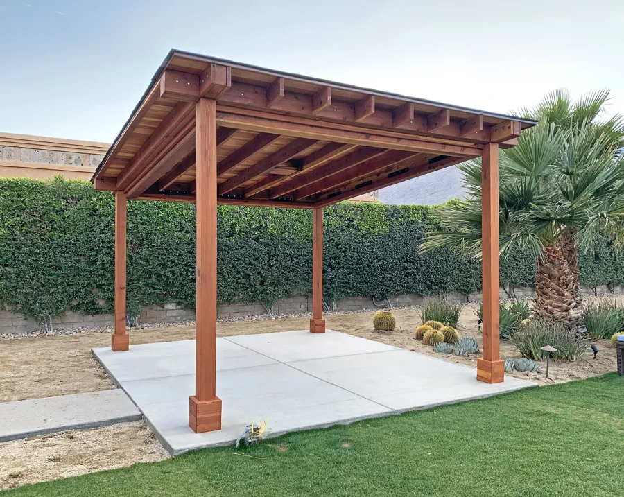 Sunset Patio Pavilion (Options: 14' x 16', No Privacy Panel, California Redwood, 9ft H, 2 Electrical Wiring Trims, 2-Post Anchor Kit for High-Wind, No Post Decorative Trim, 1 Ceiling Fan Base, No Curtain Rods, Transparent Premium Sealant). Supports and Rafters at Same Level by Custom Request.