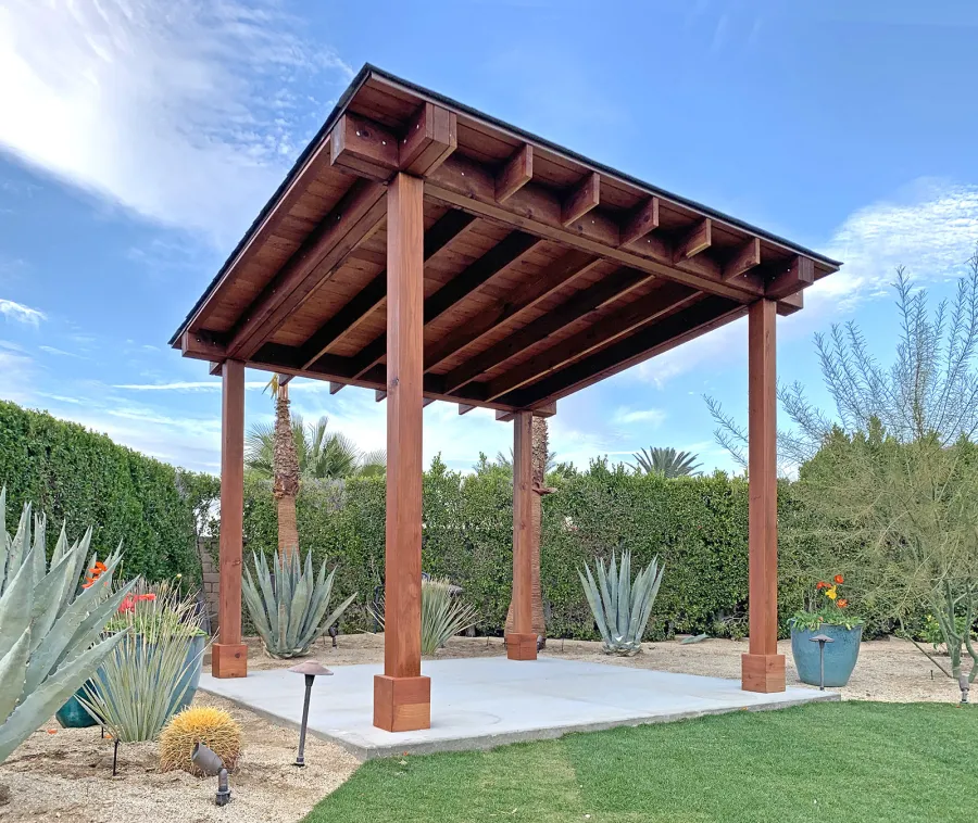 Sunset Patio Pavilion (Options: 12' x 12', No Privacy Panel, California Redwood, 9ft H, 2 Electrical Wiring Trims, 2-Post Anchor Kit for High-Wind, No Post Decorative Trim, 1 Ceiling Fan Base, No Curtain Rods, Transparent Premium Sealant). Supports and Rafters at Same Level by Custom Request.