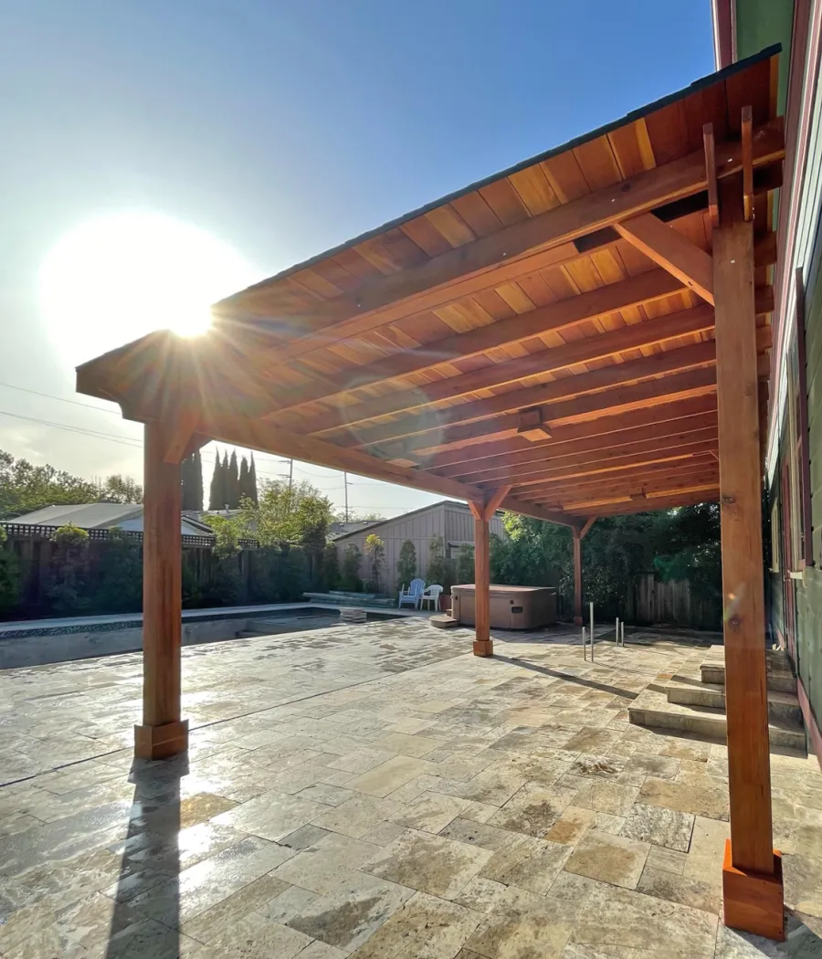 Sunset Patio Pavilion (Options: 35' x 18', California Redwood, 9ft H, 3 Electrical Wiring Trims, 6-Post Anchor Kit for High-Wind, No Post Decorative Trim, 4 Ceiling Fan Bases, No Curtain Rods, Transparent Premium Sealant). Photo Courtesy of L. Shelton of San Jose, California.